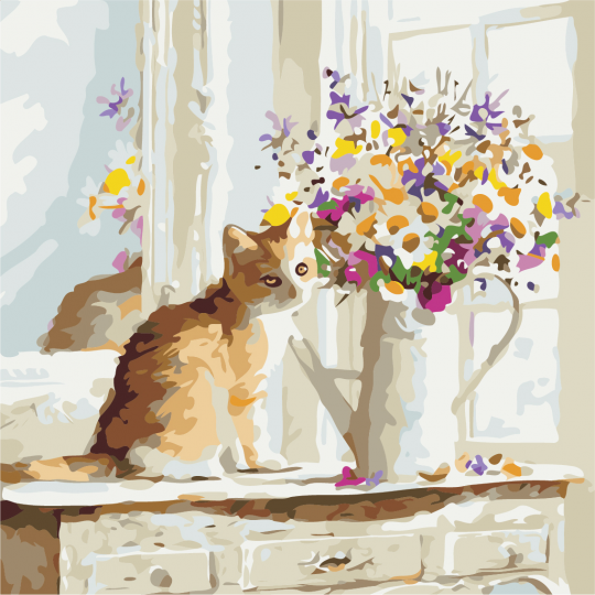 Роспись по номерам &quot;Кот и цветы&quot; в термопакете 40*40см, ТМ ArtStory Фото